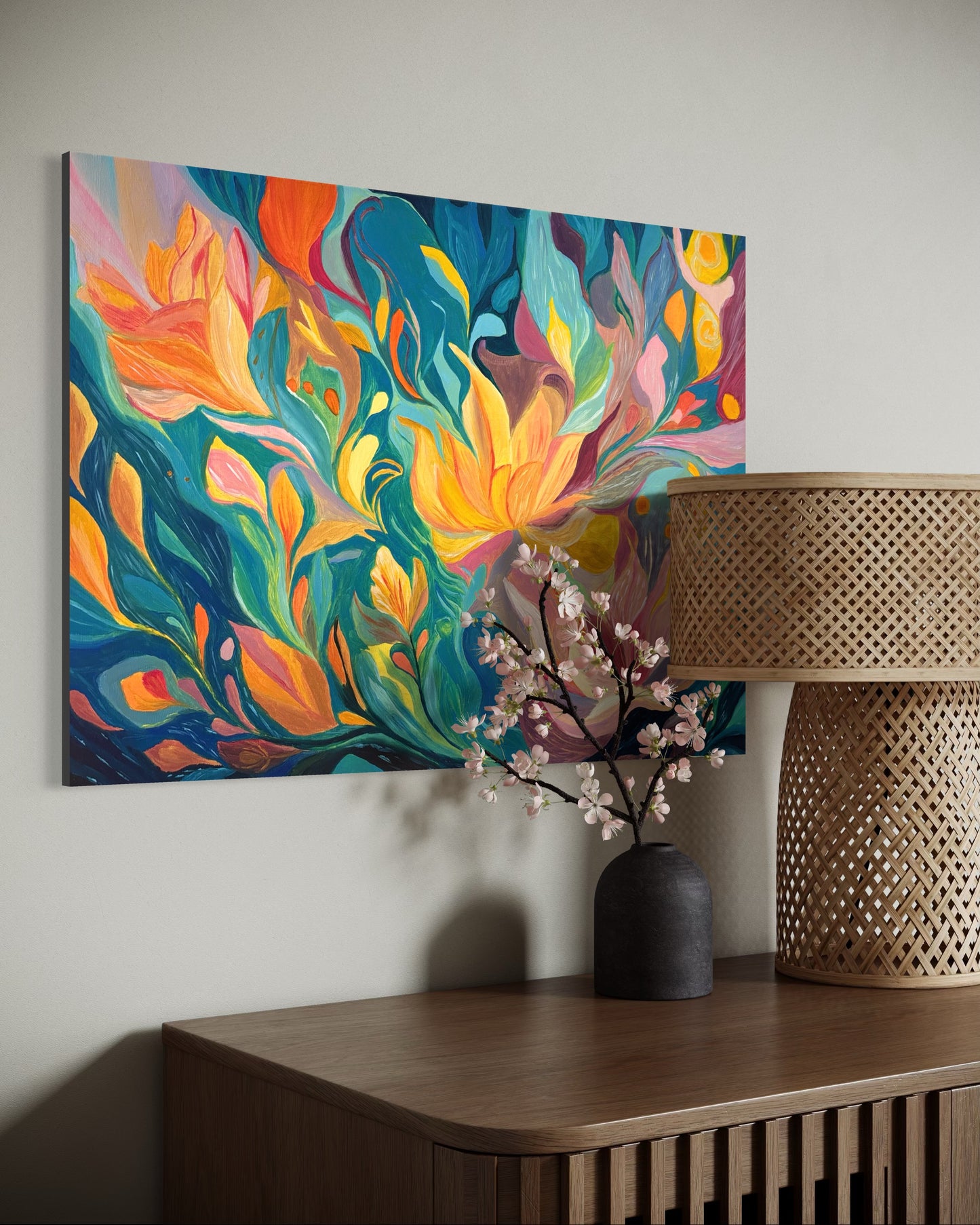 One Of A Kind Floral Abstract Oil Hand Painting | Warm Yellow & Teal Textured Artwork