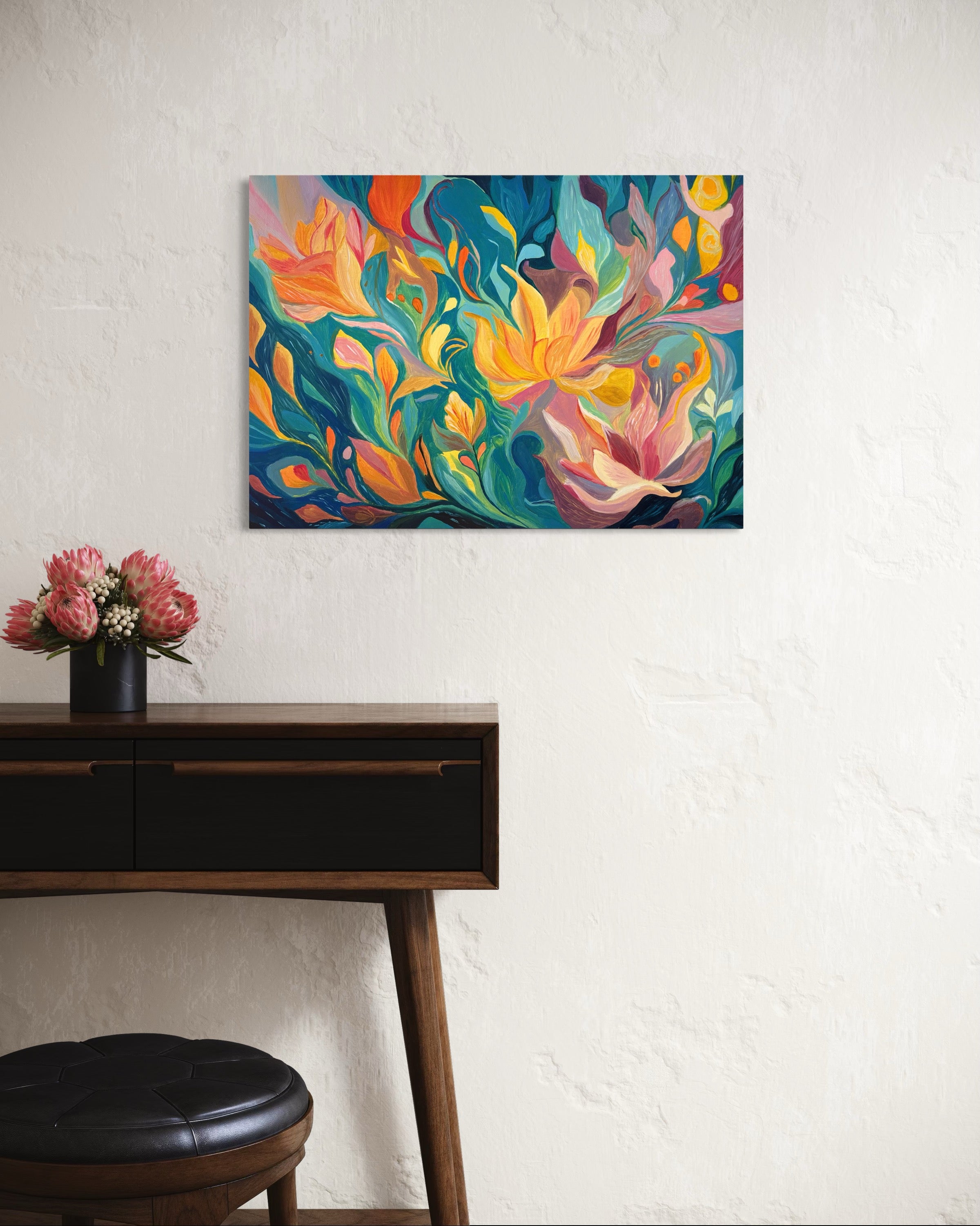 One Of A Kind Floral Abstract Oil Hand Painting | Warm Yellow & Teal Textured Artwork