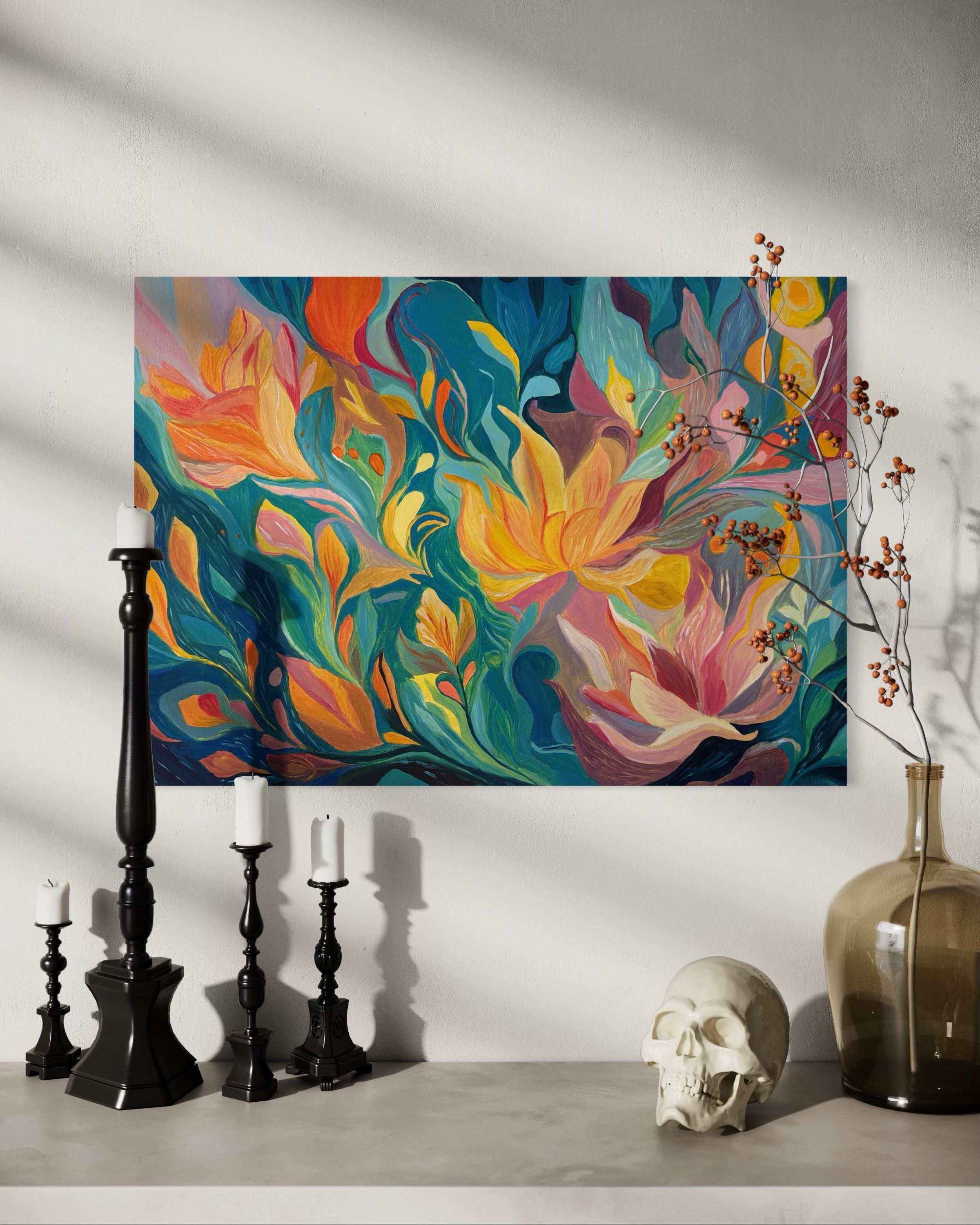 One Of A Kind Floral Abstract Oil Hand Painting | Warm Yellow & Teal Textured Artwork