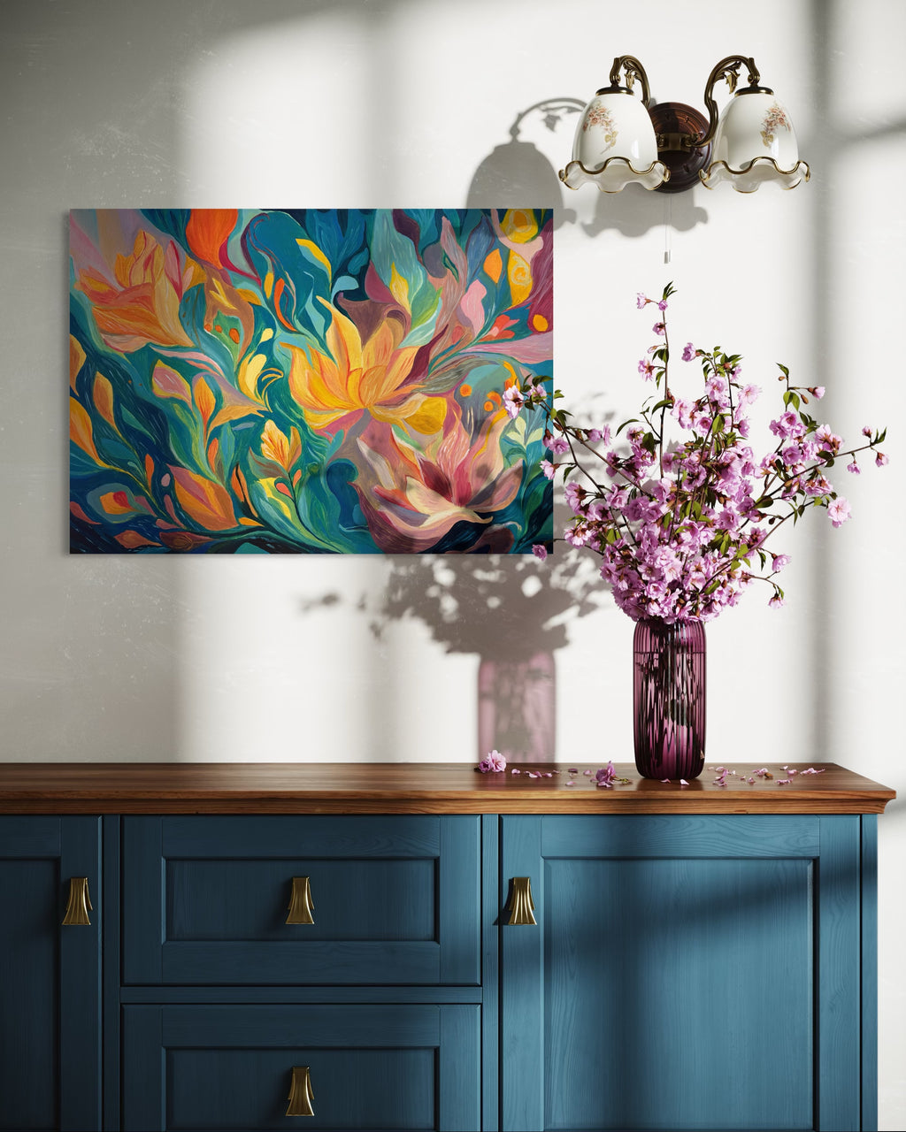 One Of A Kind Floral Abstract Oil Hand Painting | Warm Yellow & Teal Textured Artwork
