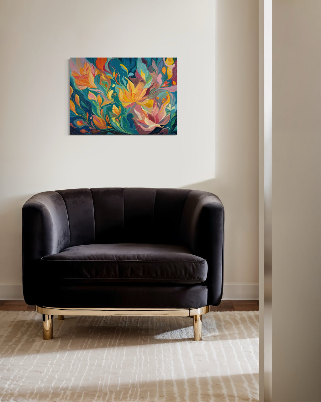 One Of A Kind Floral Abstract Oil Hand Painting | Warm Yellow & Teal Textured Artwork
