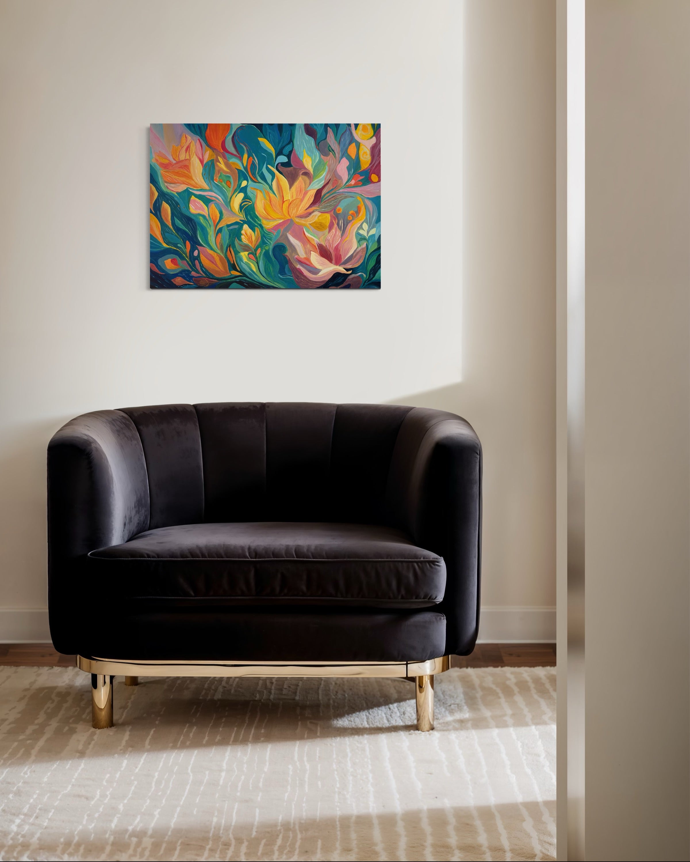 One Of A Kind Floral Abstract Oil Hand Painting | Warm Yellow & Teal Textured Artwork