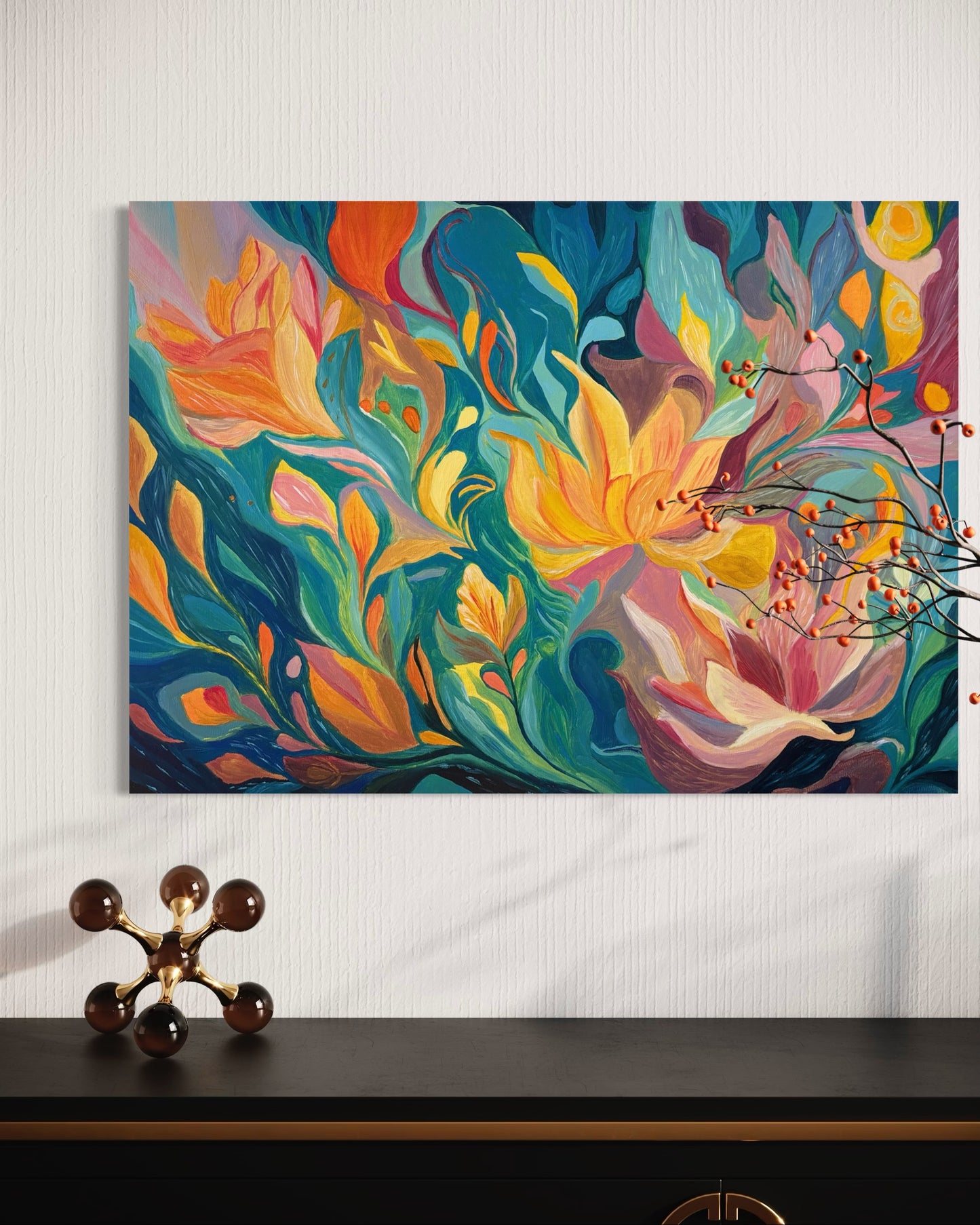 One Of A Kind Floral Abstract Oil Hand Painting | Warm Yellow & Teal Textured Artwork