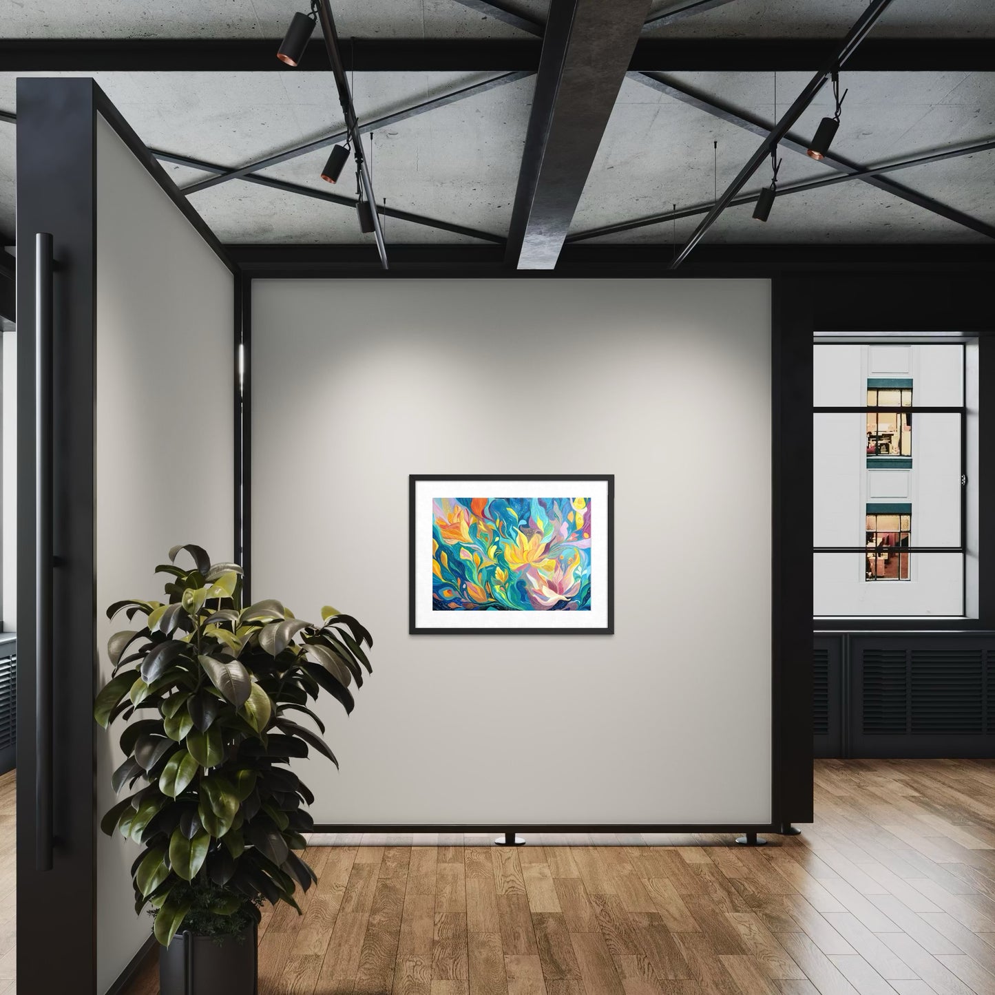 One Of A Kind Floral Abstract Oil Hand Painting | Warm Yellow & Teal Textured Artwork