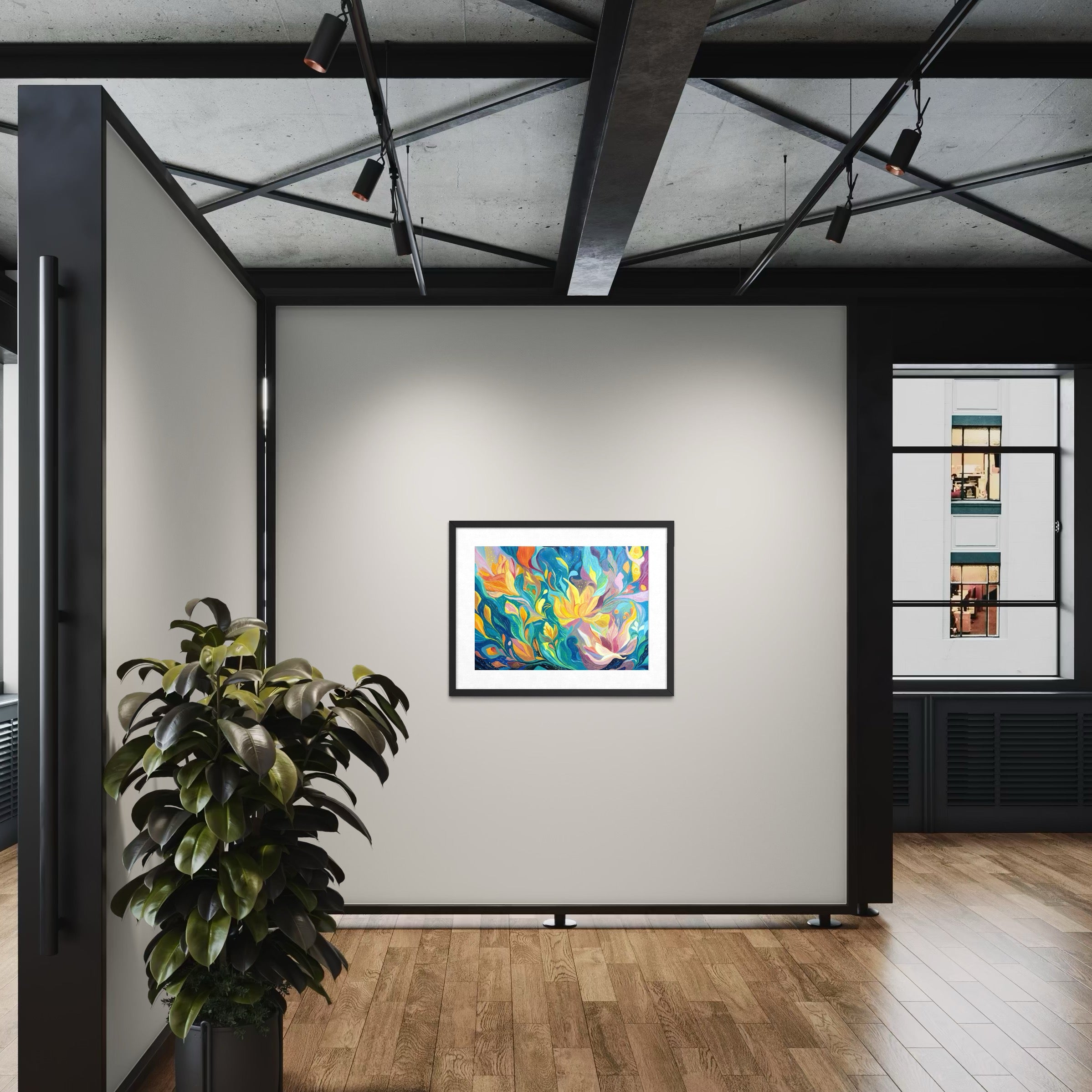 One Of A Kind Floral Abstract Oil Hand Painting | Warm Yellow & Teal Textured Artwork