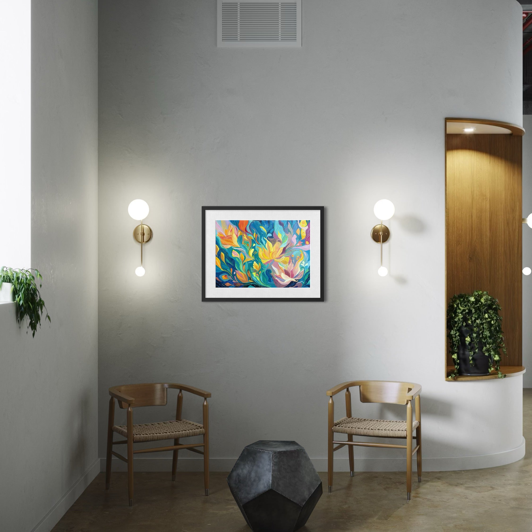 One Of A Kind Floral Abstract Oil Hand Painting | Warm Yellow & Teal Textured Artwork