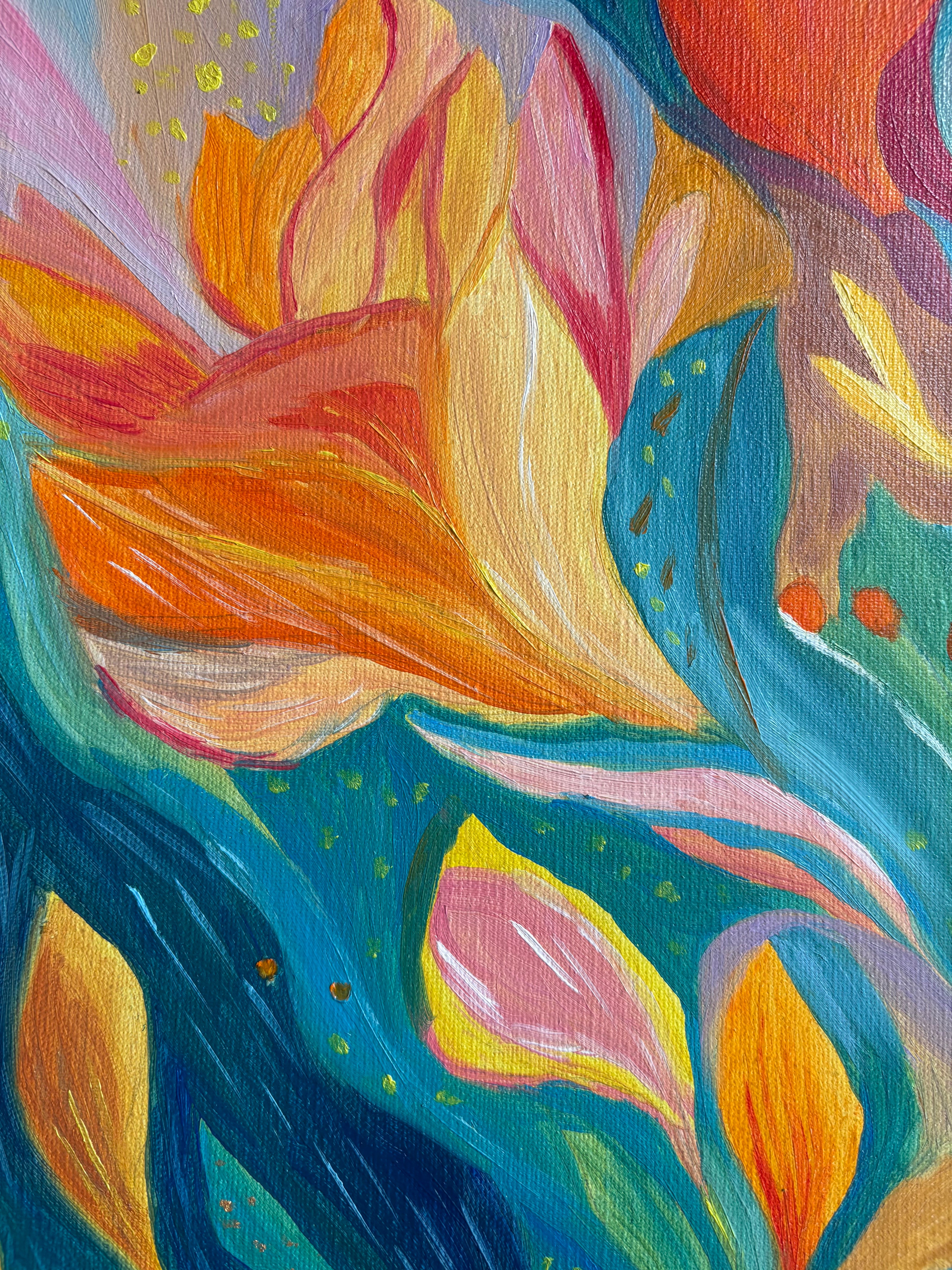 One Of A Kind Floral Abstract Oil Hand Painting | Warm Yellow & Teal Textured Artwork