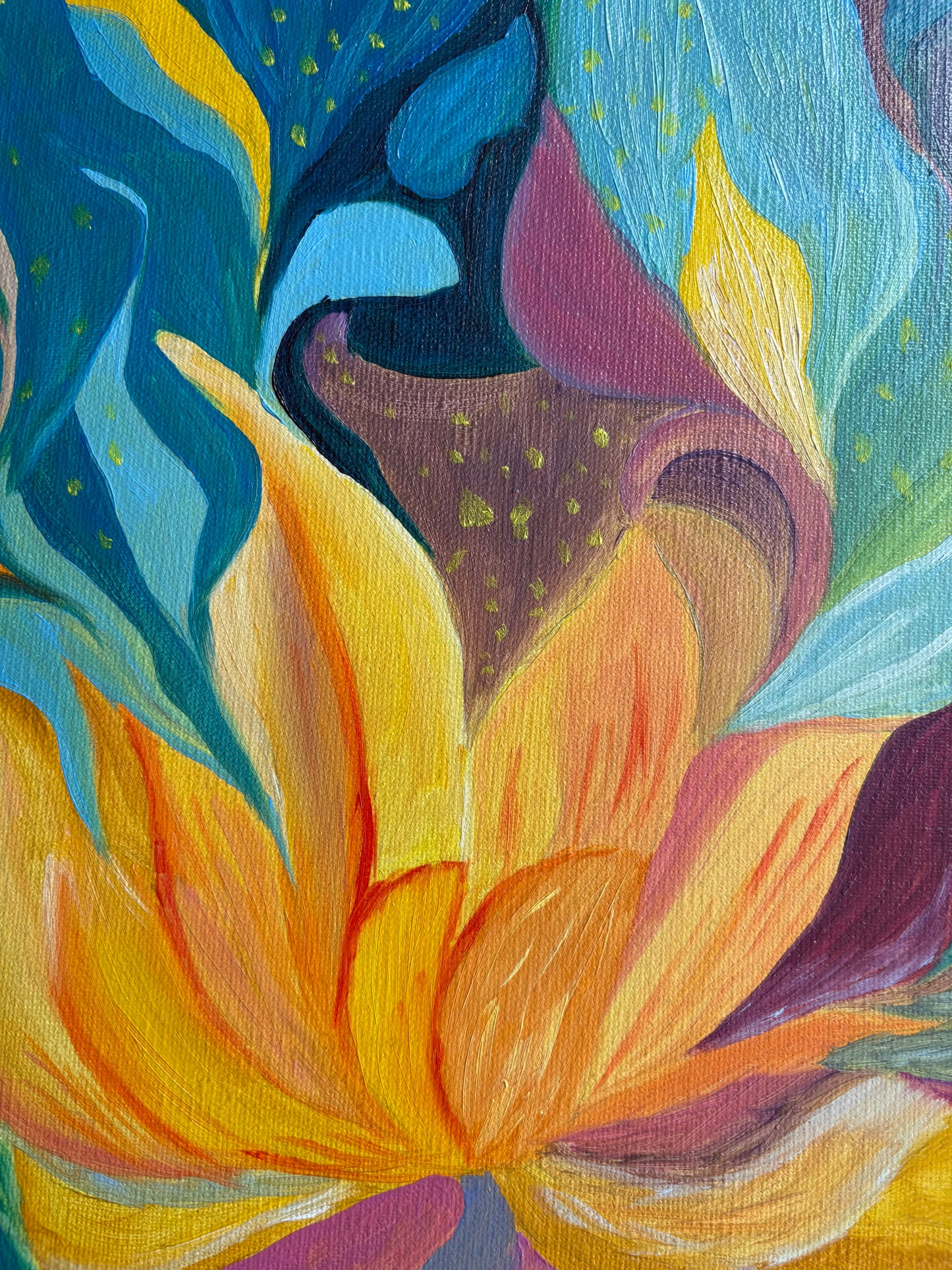 One Of A Kind Floral Abstract Oil Hand Painting | Warm Yellow & Teal Textured Artwork