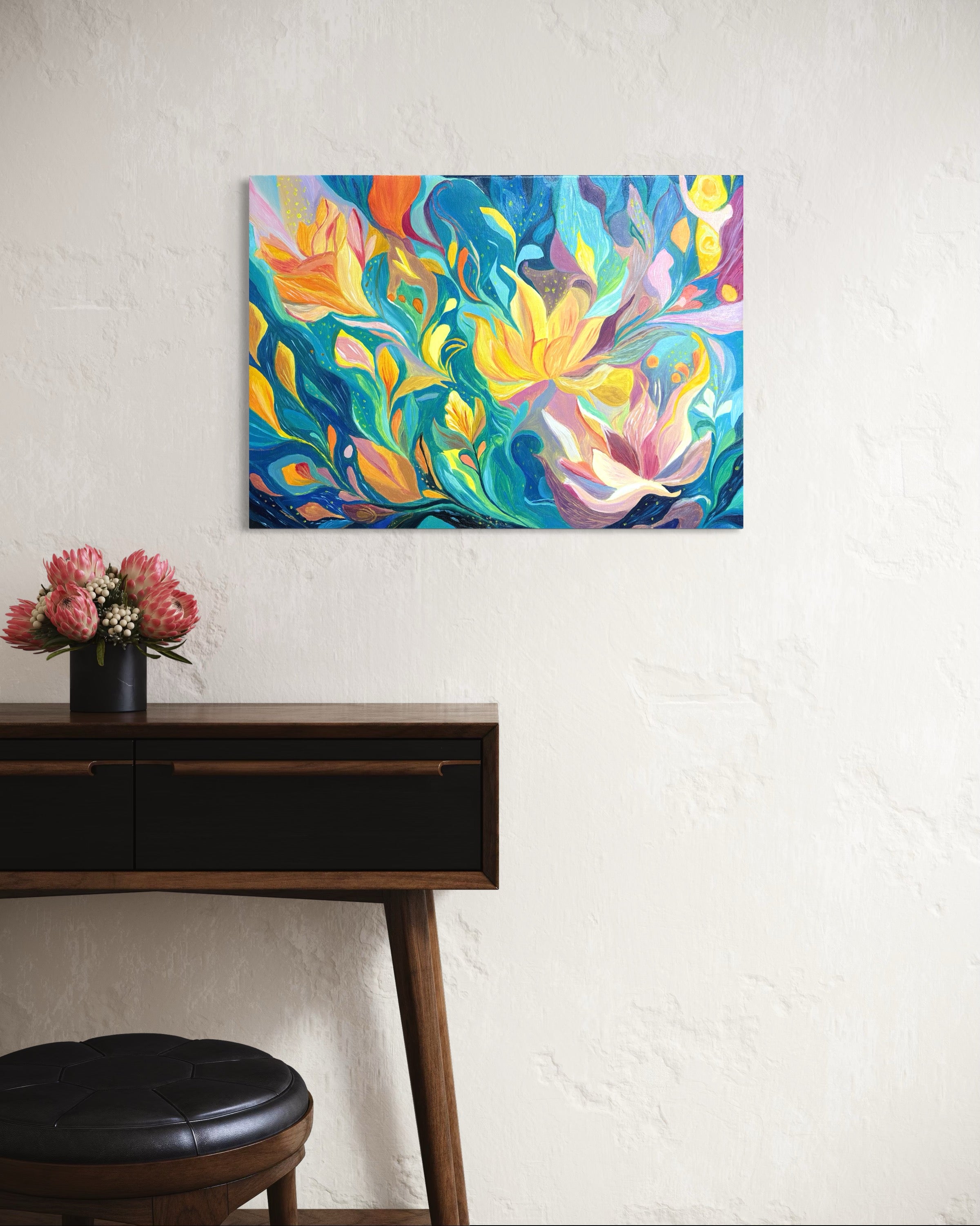 One Of A Kind Floral Abstract Oil Hand Painting | Warm Yellow & Teal Textured Artwork