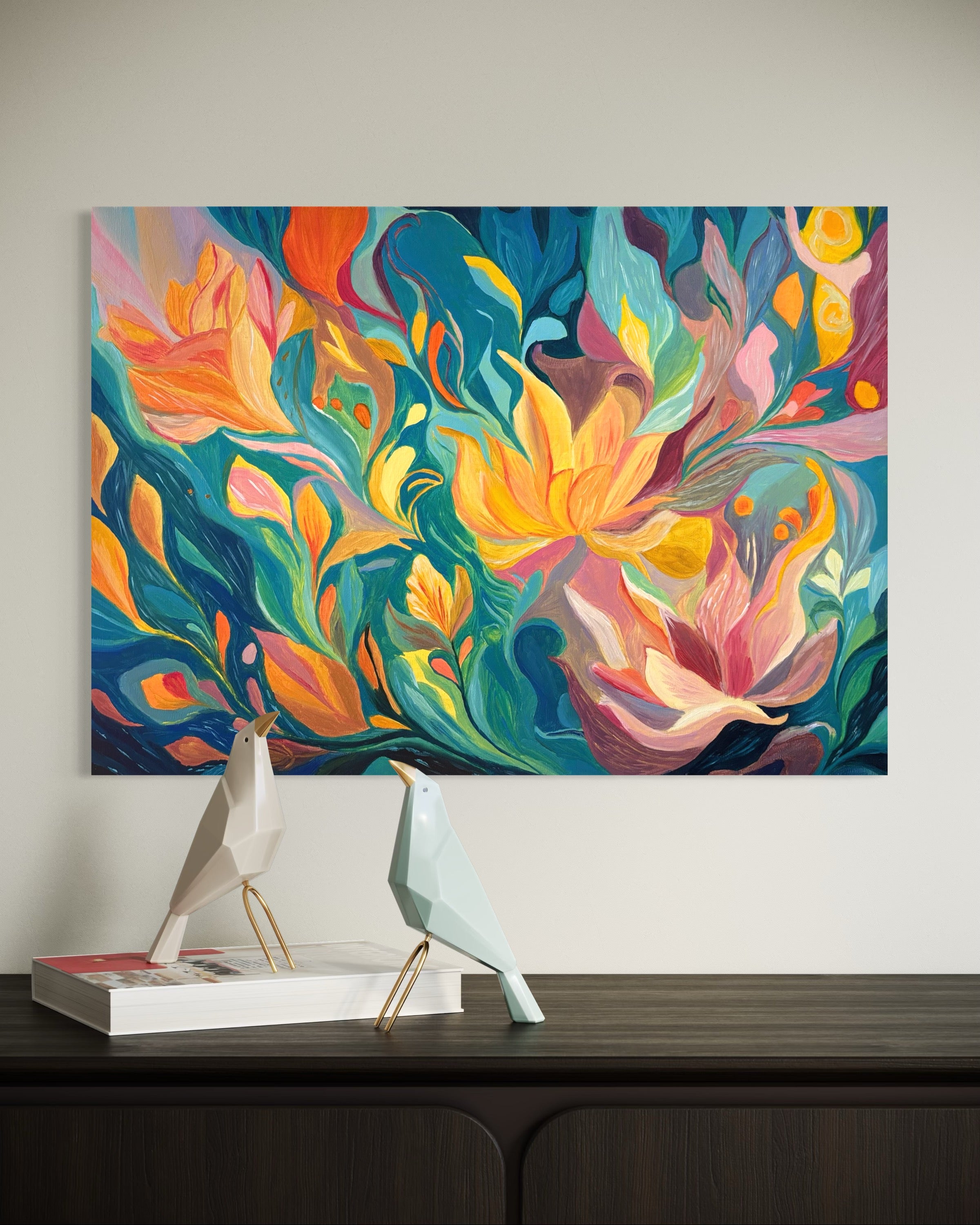 One Of A Kind Floral Abstract Oil Hand Painting | Warm Yellow & Teal Textured Artwork