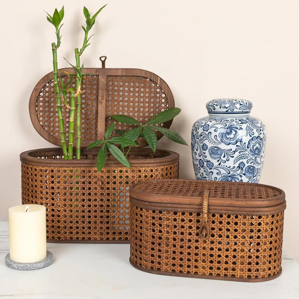 Myrtle Coastal Beach Dark Brown Rattan Decorative Box Set of 2