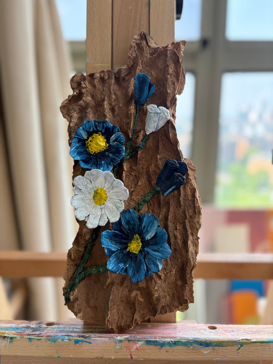 [One-of-a-Kind] Handcrafted Bark & Pinecone Flower Wall Art - 5x8" (13x20cm) - 3D Organic Mixed Media Original By Jane