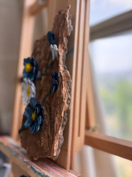 [One-of-a-Kind] Handcrafted Bark & Pinecone Flower Wall Art - 5x8" (13x20cm) - 3D Organic Mixed Media Original By Jane
