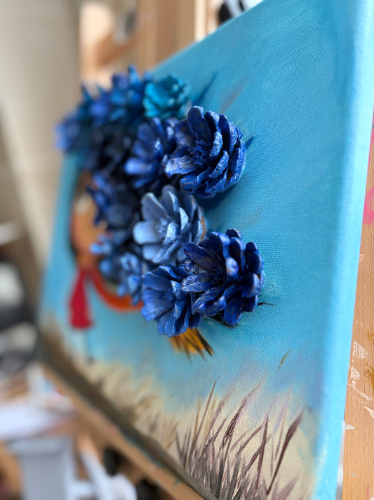 Whimsical Bloom" | Original 3D Mixed Media Oil Painting with Real Pinecones - 12x16 By Jane
